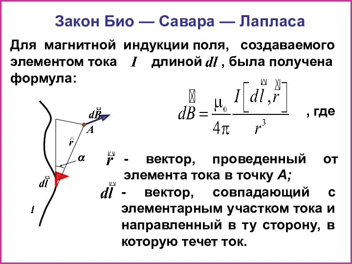 Закон Био — Савара — Лапласа Для магнитной индукции поля,