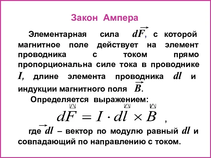 Закон Ампера Элементарная сила dF, с которой магнитное поле действует