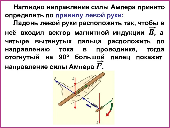 Наглядно направление силы Ампера принято определять по правилу левой руки: