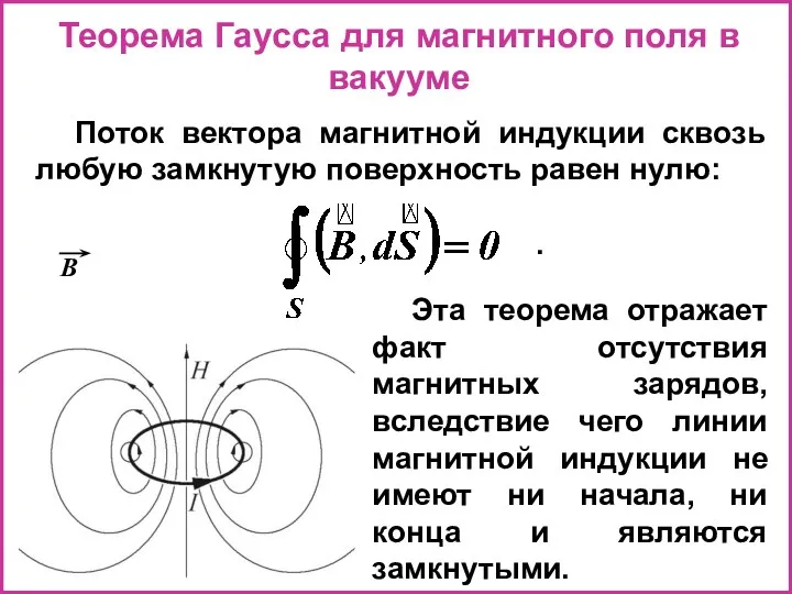 Теорема Гаусса для магнитного поля в вакууме Поток вектора магнитной