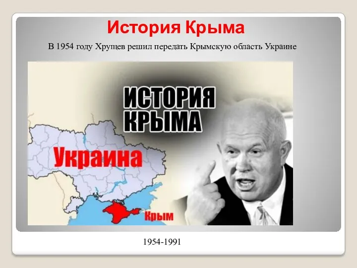 История Крыма 1954-1991 В 1954 году Хрущев решил передать Крымскую область Украине