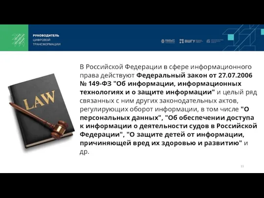 В Российской Федерации в сфере информационного права действуют Федеральный закон