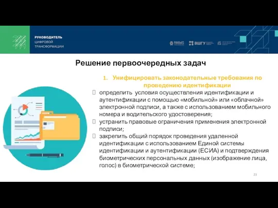 Решение первоочередных задач Унифицировать законодательные требования по проведению идентификации определить