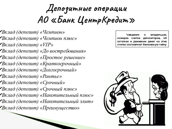 Депозитные операции АО «Банк ЦентрКредит» Вклад (депозит) «Чемпион» Вклад (депозит)