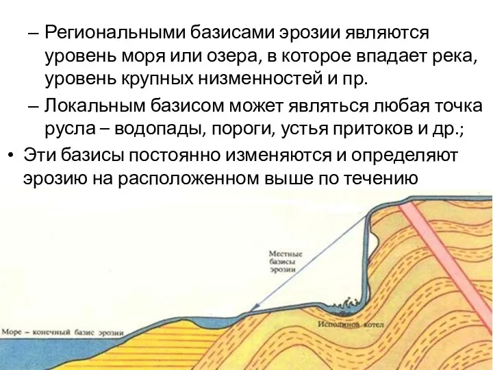 Региональными базисами эрозии являются уровень моря или озера, в которое