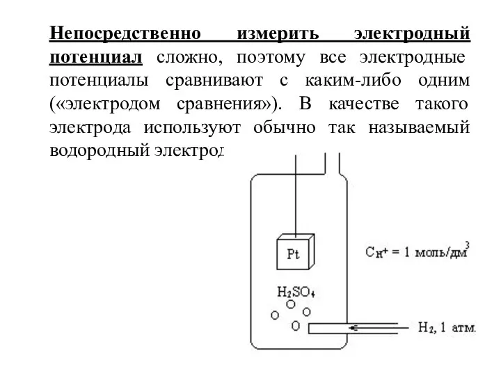 Непосредственно измерить электродный потенциал сложно, поэтому все электродные потенциалы сравнивают