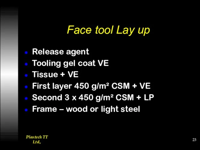 Face tool Lay up Release agent Tooling gel coat VE Tissue + VE