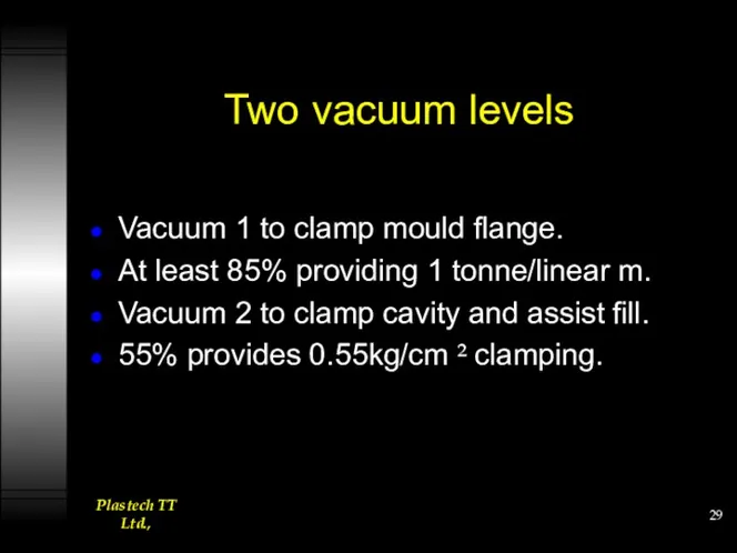 Two vacuum levels Vacuum 1 to clamp mould flange. At least 85% providing
