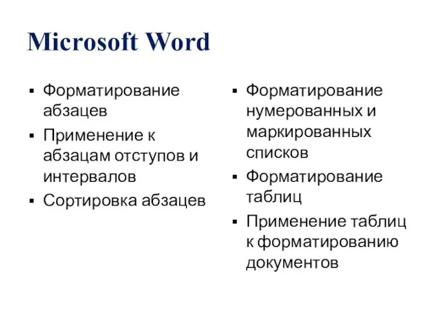 Microsoft Word Форматирование абзацев Применение к абзацам отступов и интервалов Сортировка абзацев Форматирование