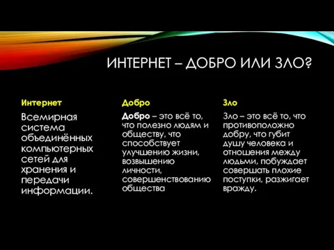 ИНТЕРНЕТ – ДОБРО ИЛИ ЗЛО? Интернет Всемирная система объединённых компьютерных сетей для хранения