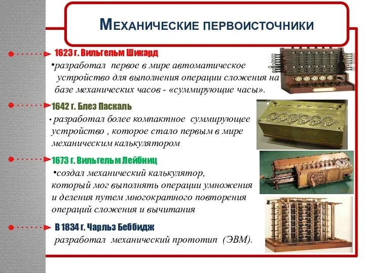 Механические первоисточники 1623 г. Вильгельм Шикард разработал первое в мире