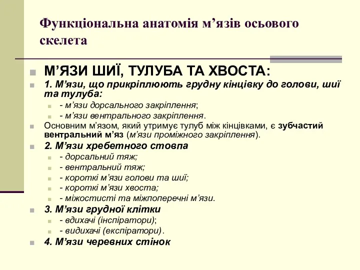 Функціональна анатомія м’язів осьового скелета М’ЯЗИ ШИЇ, ТУЛУБА ТА ХВОСТА: