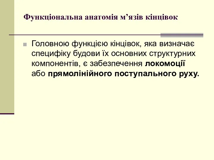 Функціональна анатомія м’язів кінцівок Головною функцією кінцівок, яка визначає специфіку