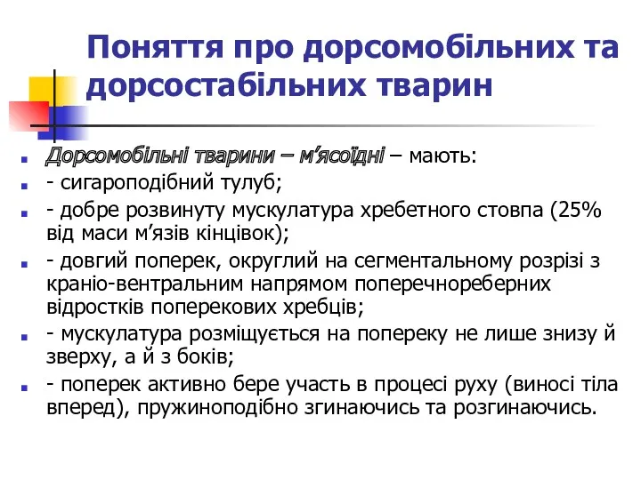 Поняття про дорсомобільних та дорсостабільних тварин Дорсомобільні тварини – м’ясоїдні