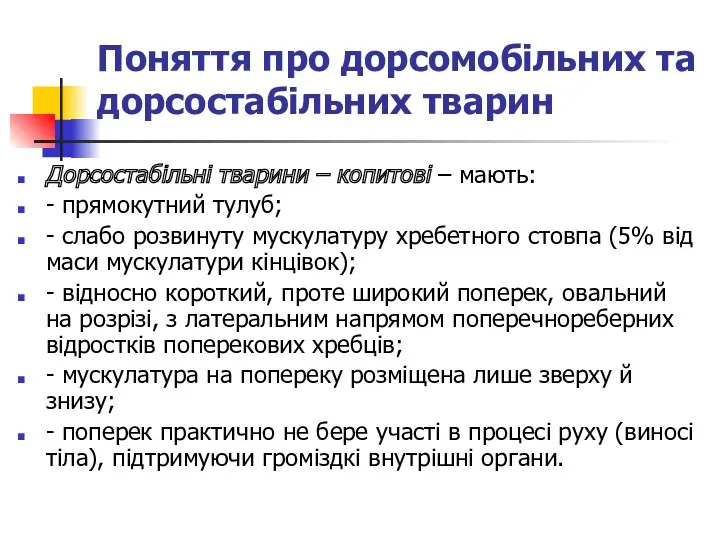 Поняття про дорсомобільних та дорсостабільних тварин Дорсостабільні тварини – копитові