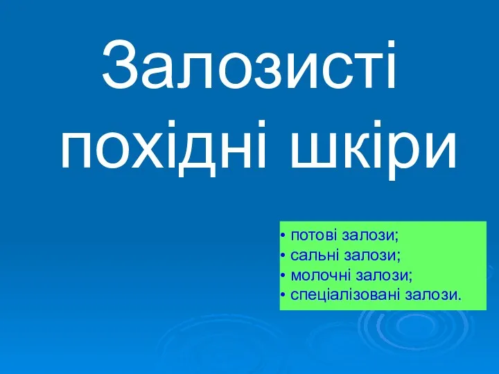 Залозисті похідні шкіри потові залози; сальні залози; молочні залози; спеціалізовані залози.