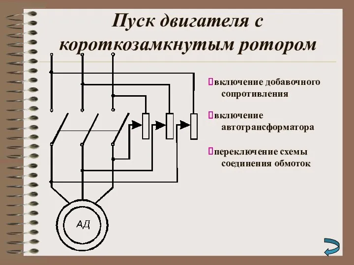 Пуск двигателя с короткозамкнутым ротором включение добавочного сопротивления включение автотрансформатора переключение схемы соединения обмоток