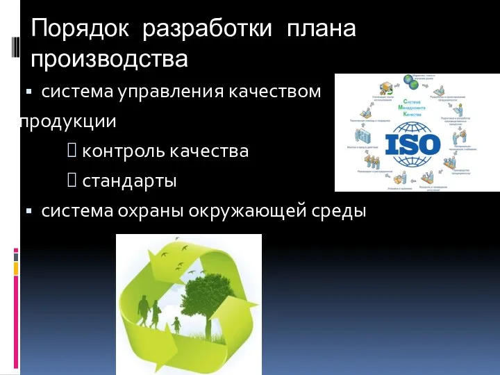 Порядок разработки плана производства система управления качеством продукции контроль качества стандарты система охраны окружающей среды