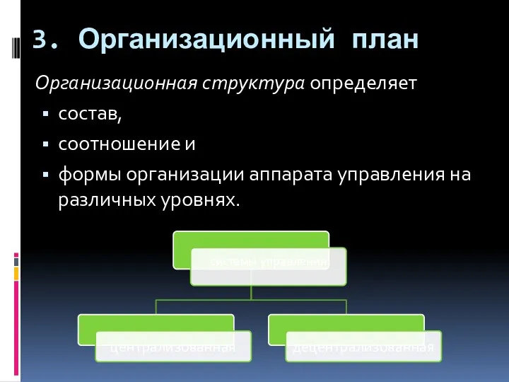 3. Организационный план Организационная структура определяет состав, соотношение и формы организации аппарата управления на различных уровнях.