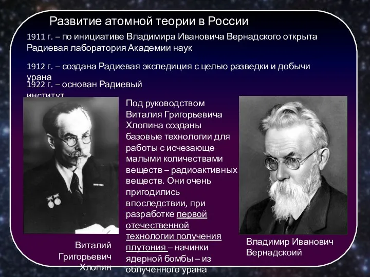 1911 г. – по инициативе Владимира Ивановича Вернадского открыта Радиевая