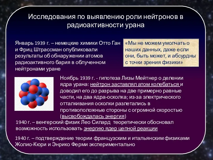 Исследования по выявлению роли нейтронов в радиоактивности урана Январь 1939