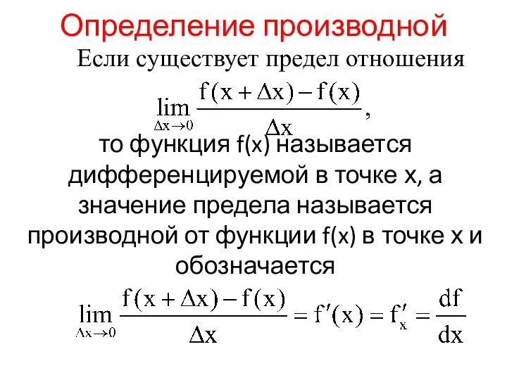 Определение производной Если существует предел отношения то функция f(x) называется дифференцируемой в точке