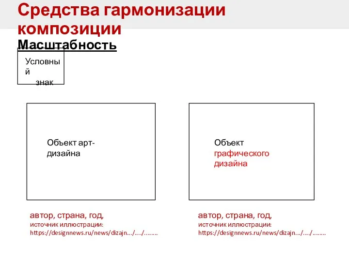 Средства гармонизации композиции Масштабность Условный знак автор, страна, год, источник иллюстрации: https://designnews.ru/news/dizajn.../..../........ Объект