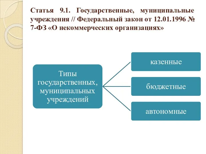 Статья 9.1. Государственные, муниципальные учреждения // Федеральный закон от 12.01.1996 № 7-ФЗ «О некоммерческих организациях»