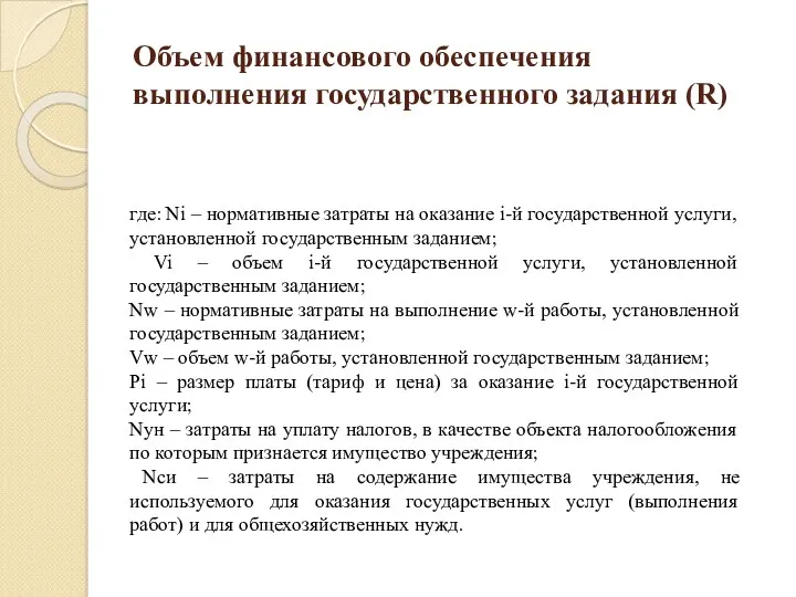 Объем финансового обеспечения выполнения государственного задания (R) где: Ni – нормативные затраты на