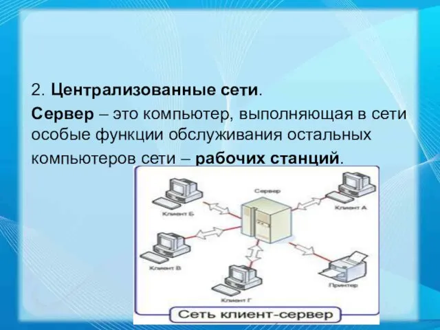 2. Централизованные сети. Сервер – это компьютер, выполняющая в сети особые функции обслуживания