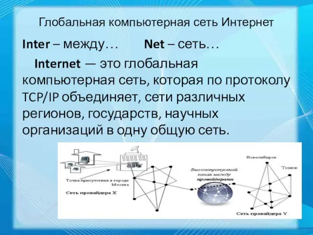 Inter – между… Net – сеть… Internet — это глобальная компьютерная сеть, которая