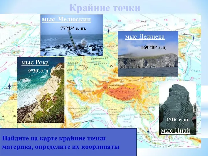 Крайние точки мыс Челюскин мыс Дежнева мыс Рока Найдите на