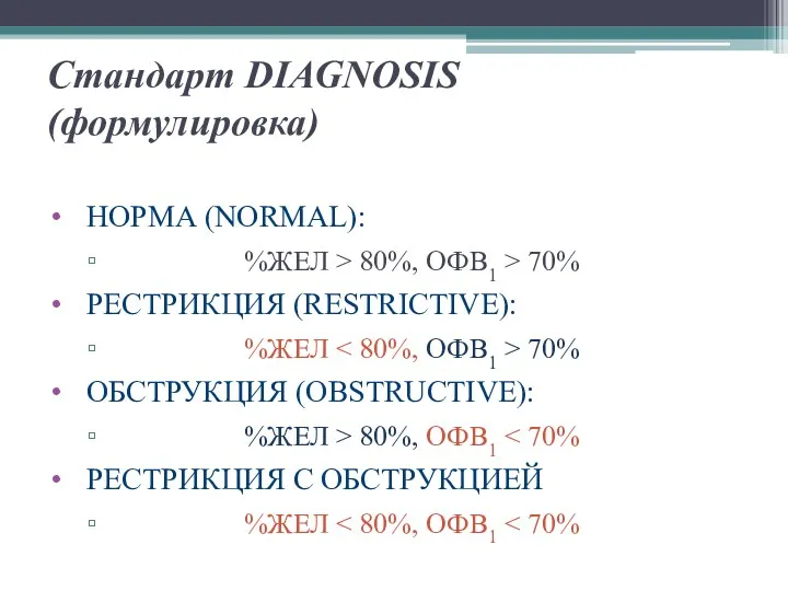 Стандарт DIAGNOSIS (формулировка) НОРМА (NORMAL): %ЖЕЛ > 80%, ОФВ1 >
