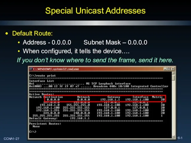 Special Unicast Addresses Default Route: Address - 0.0.0.0 Subnet Mask