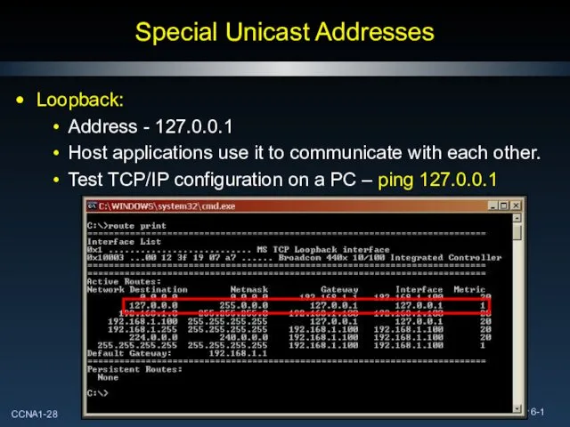 Special Unicast Addresses Loopback: Address - 127.0.0.1 Host applications use