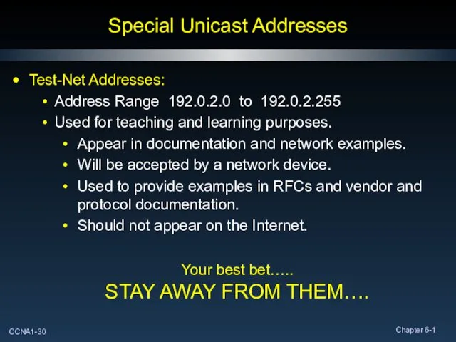 Special Unicast Addresses Test-Net Addresses: Address Range 192.0.2.0 to 192.0.2.255