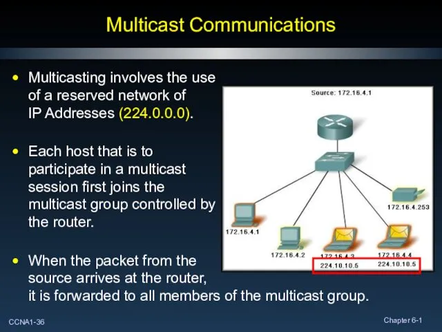Multicast Communications Multicasting involves the use of a reserved network