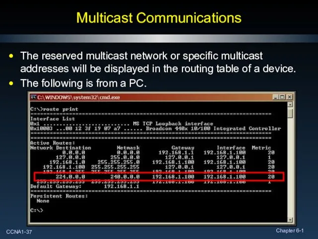 Multicast Communications The reserved multicast network or specific multicast addresses