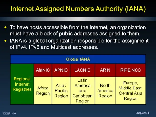 Internet Assigned Numbers Authority (IANA) To have hosts accessible from
