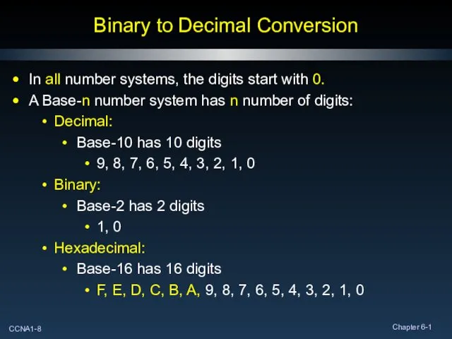 Binary to Decimal Conversion In all number systems, the digits