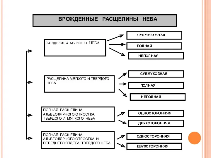 ВРОЖДЕННЫЕ РАСЩЕЛИНЫ НЕБА РАСЩЕЛИНА МЯГКОГО НЕБА СУБМУКОЗНАЯ ПОЛНАЯ НЕПОЛНАЯ РАСЩЕЛИНА МЯГКОГО И ТВЕРДОГО