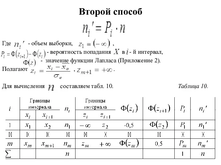 Второй способ Где - объем выборки, , - вероятность попадания в - й