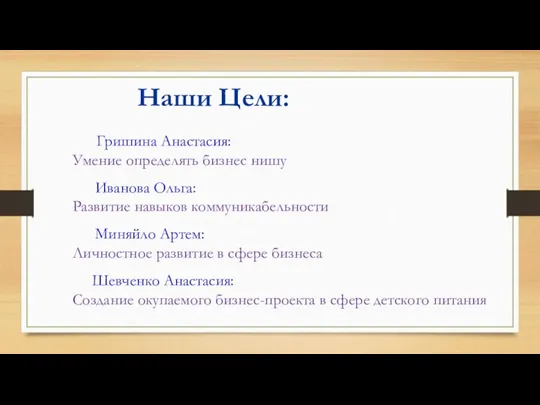 Наши Цели: Гришина Анастасия: Умение определять бизнес нишу Иванова Ольга: