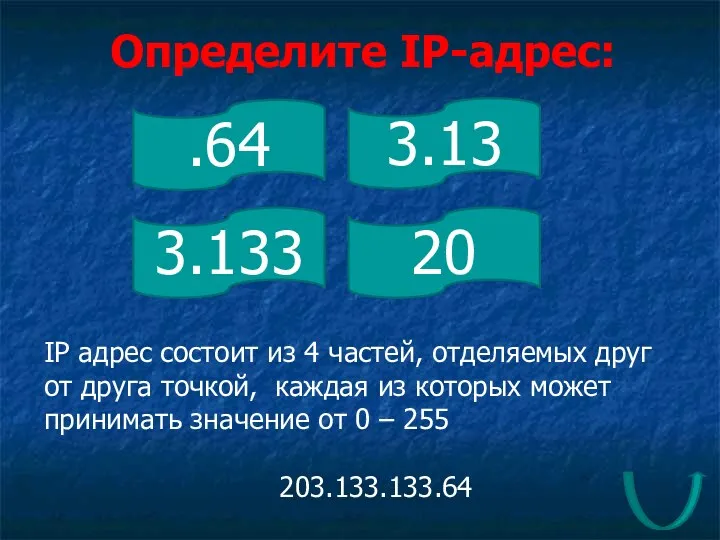 .64 3.133 20 3.13 Определите IP-адрес: IP адрес состоит из