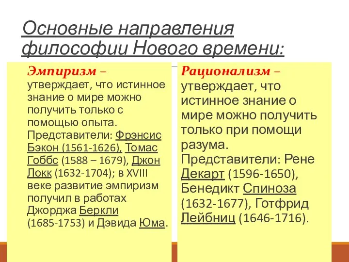 Основные направления философии Нового времени: Эмпиризм – утверждает, что истинное