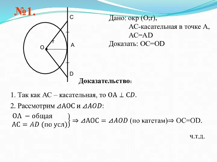 №1. Дано: окр (О;r), АС-касательная в точке А, АС=АD Доказать: ОС=ОD Доказательство: ч.т.д.