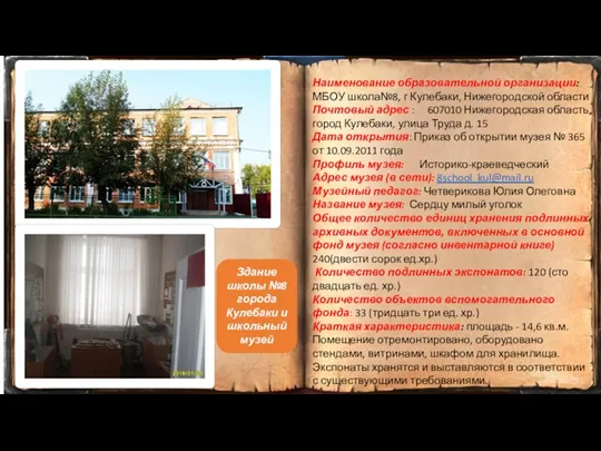 Наименование образовательной организации: МБОУ школа№8, г Кулебаки, Нижегородской области Почтовый