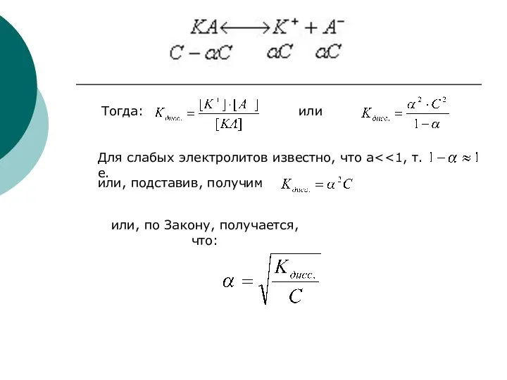 Тогда: или Для слабых электролитов известно, что a или, подставив, получим или, по Закону, получается, что: