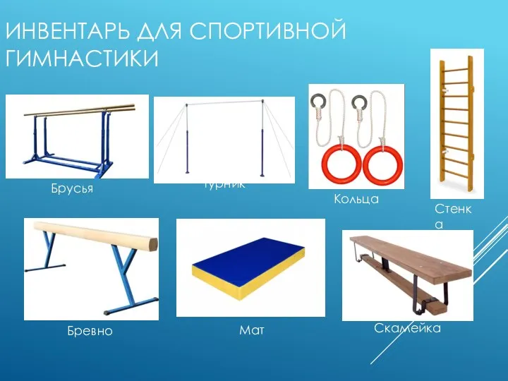 ИНВЕНТАРЬ ДЛЯ СПОРТИВНОЙ ГИМНАСТИКИ Брусья Турник Кольца Бревно Мат Скамейка Стенка