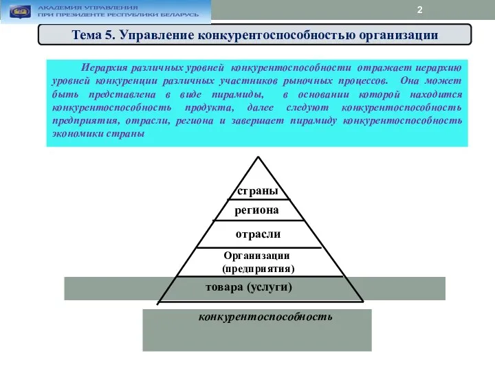 Тема 5. Управление конкурентоспособностью организации Иерархия различных уровней конкурентоспособности отражает